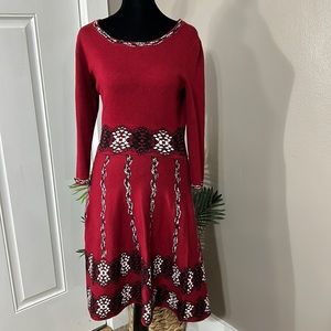 Taylor blood red 3/4 sleeve patterned sweater dress fit and flare Women’s Medium